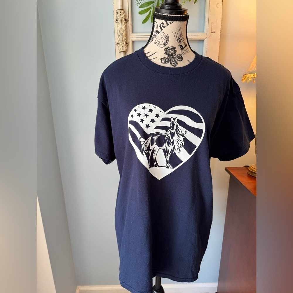 NEW Adult Navy Equestrian Horse Lover American T-Shirt Unisex Large